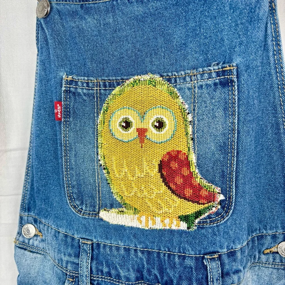 Levi's Light‎ Blue Denim Shortall Girls 16 Hand crafted Appliqué Owl on Bib